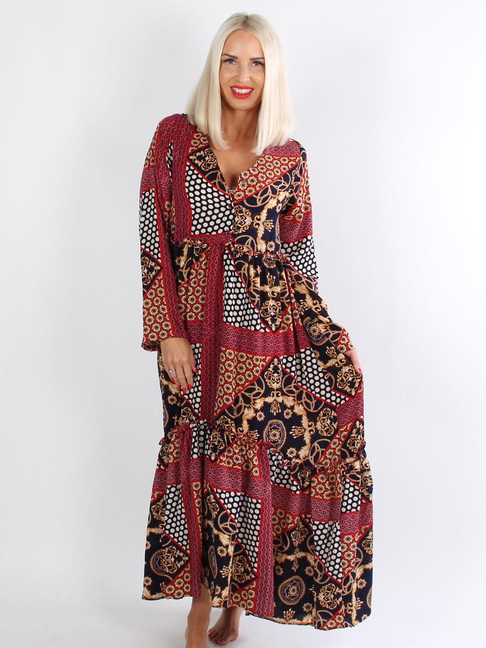 Rabia - Lång klänning med blått mönster och gulddetaljer